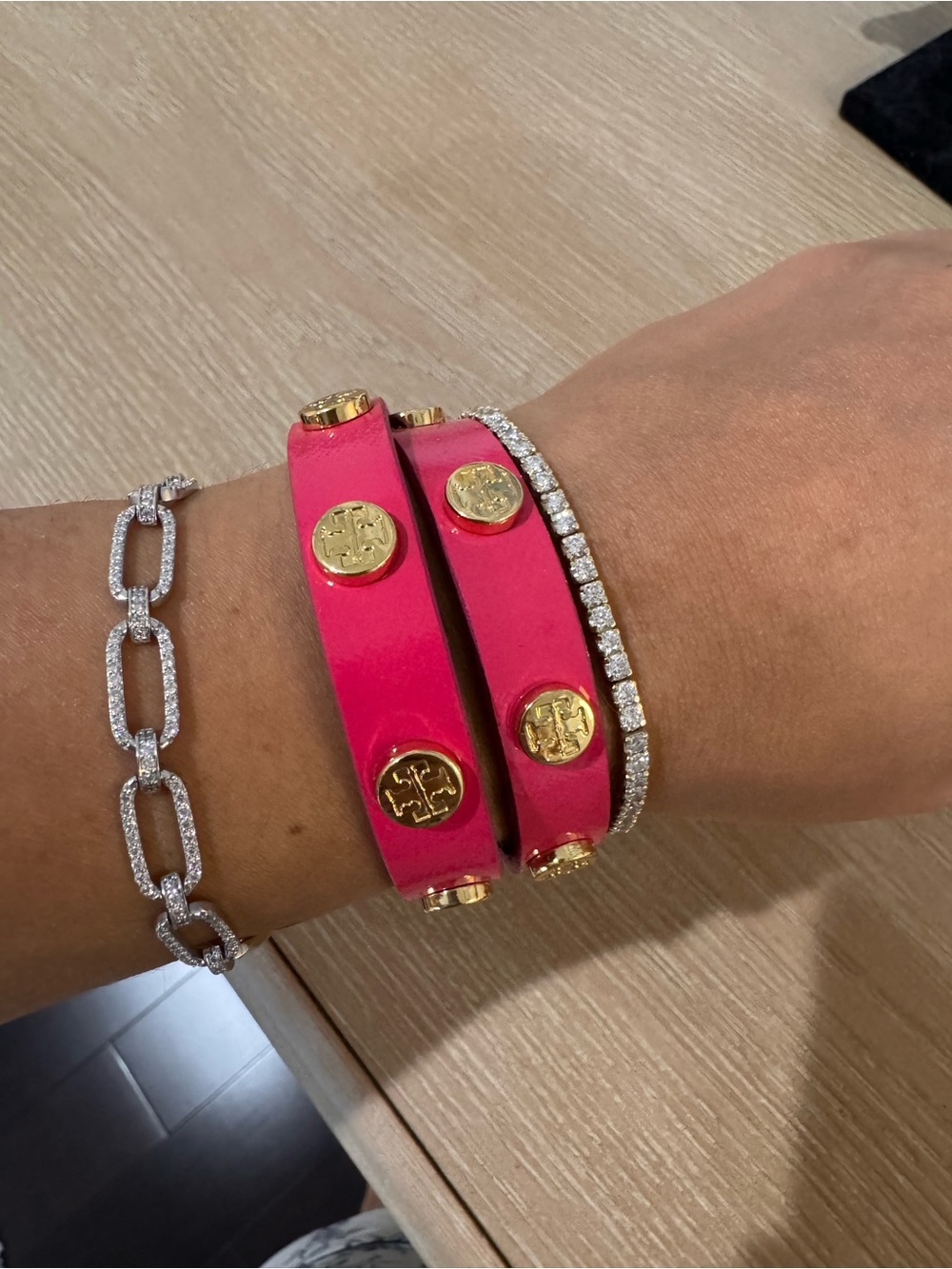 Tory Burch Hot Pink Double-Wrap Leather Bracelet with Gold Logo Studs
